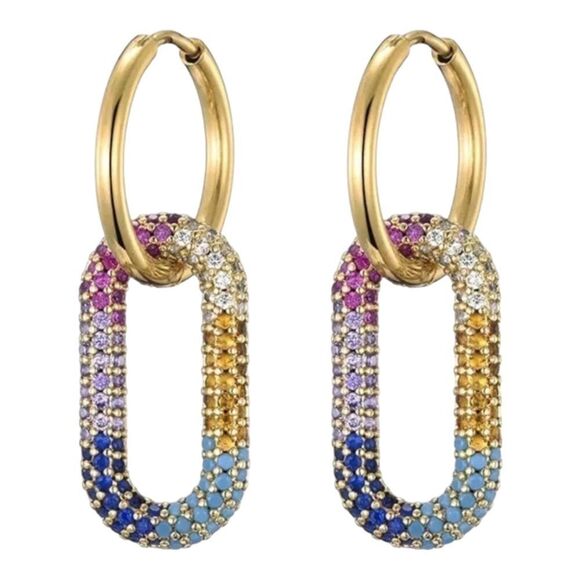 Gold Colorful Crystal Oval Hoop Earrings NEW - Picture 1 of 4